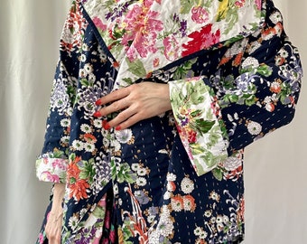 Vintage Y2K Floral gesteppte Wende-Kimonojacke aus 100 % Baumwolle – bis XXL