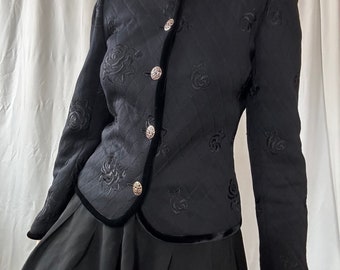 Vintage '90s Emanuel Ungaro Parallèl Black Quilted Floral Embroidered Blazer - S / M