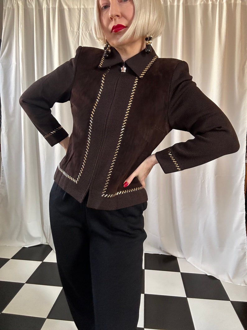 Vintage St. John Collection Chocolate Brown Suede & Knit Studded Zip-up Jacket 4 / S image 3