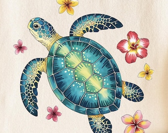 Floral tropische Meeresschildkröte PNG, Tropischer Strand Aquarell Clipart, Sommer Plumeria Sublimationsdesign, Küsten digitaler Download