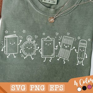 May include: An olive green t-shirt featuring a white line art graphic of five anthropomorphic school supplies including a book, stopwatch, clipboard, calculator, and pencil, all with smiling faces, surrounded by small stars and hearts.