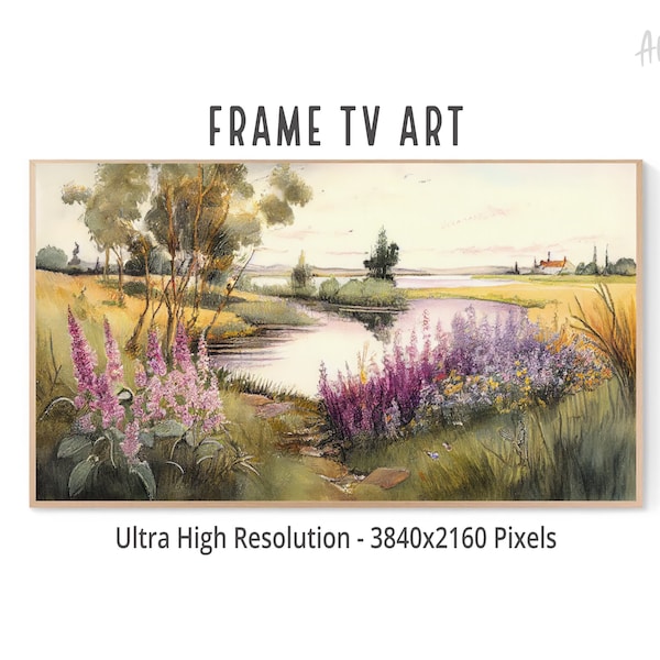 Samsung Frame TV Art Spring, Wildflower Field,Meadow of Flowers, Vintage Landscape, lake frame tv art, Digital Download, TV055