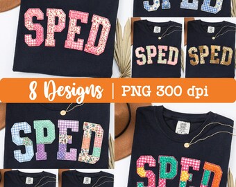 SPED Teacher png-bundel met patchwork bloemen, namaakgewatteerd SPED-shirt, leraar speciaal onderwijs, trendy SPED-sublimatie, 8 ontwerpen png