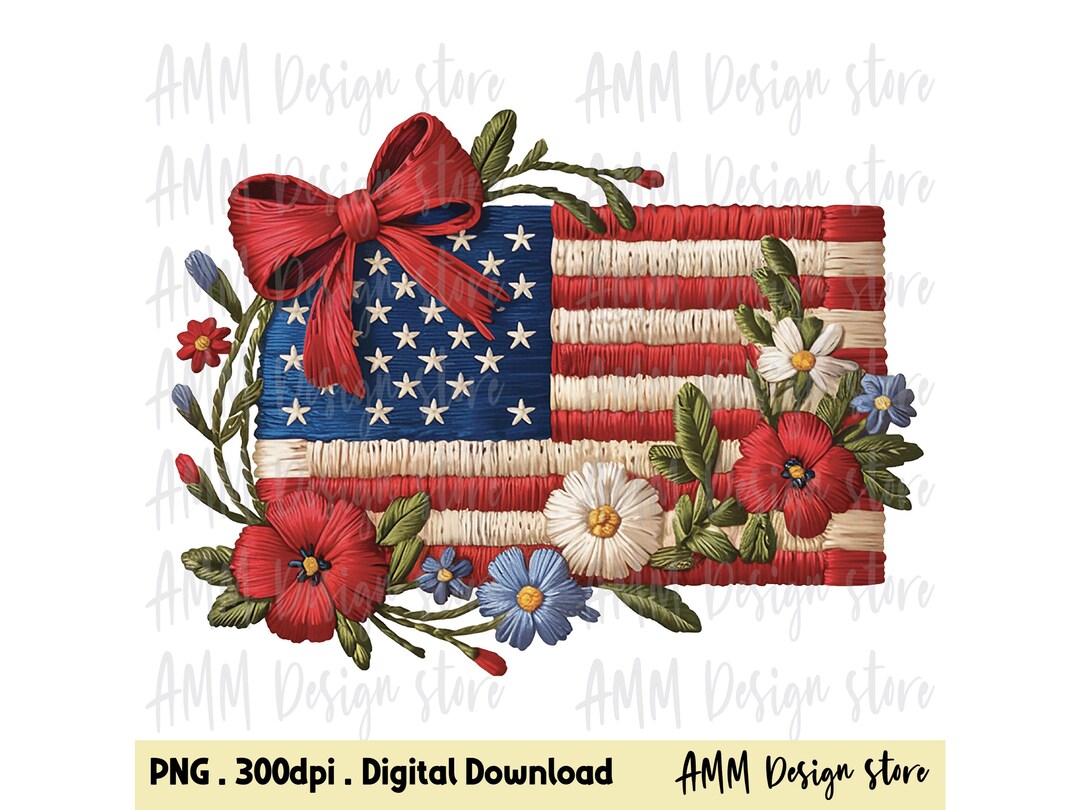 Floral American Flag Faux Embroidery Png Design, 4th of July Png ...