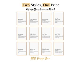 May include: Twelve framed prints with various lake-themed words and definitions, including "lakeside," "lake breeze," and "lake life." The prints are in a minimalist style with a white background and black text, with a light brown frame. The text "Two Styles, One Price Choose Your Favorite Now!" is at the top.