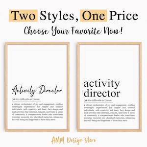 Puede incluir: Dos impresiones de arte imprimibles con la definición de "Director de actividades" en fuente en blanco y negro sobre un fondo blanco. Las impresiones están enmarcadas en un marco de madera claro. El texto en la parte superior de la imagen dice "Dos estilos, un precio ¡Elige tu favorito ahora!"
