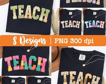 Teach patchwork bloemenbundel, namaakgewatteerd leershirt, leraar overhemd cadeau, terug naar school, terug naar school png