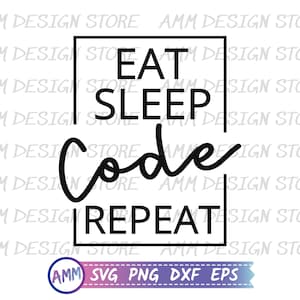Op de afbeelding: Zwart-wit grafisch ontwerp met de tekst "Eat Sleep Code Repeat" in een zwart vierkant. De tekst "Code" is geschreven in een cursief schrift.
