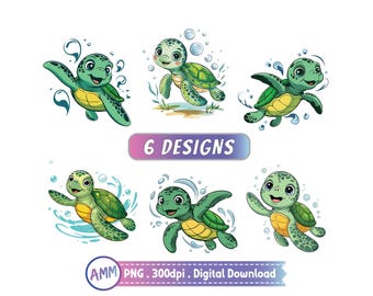 Baby Turtle Png, Cute Baby Sea Turtle PNG Bundle, 6 Cartoon Ocean Animal Clipart for Kids, Summer Nursery Design png, Digital Download