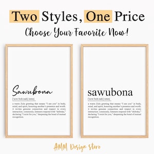 Definición de Sawubona imprimible, póster digital sudafricano, decoración motivacional de amor propio, arte de pared zulú, póster minimalista, PDF, JPEG, PNG.