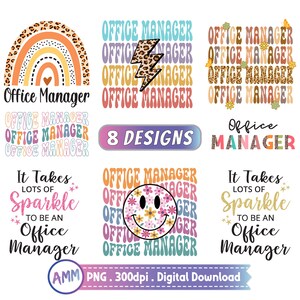 Pode incluir: Oito designs digitais para gerentes de escrit&oacute;rio. Os designs apresentam um arco-&iacute;ris, um raio, um rosto sorridente e o texto "Office Manager" em v&aacute;rias fontes coloridas. O texto "&Eacute; preciso muita fa&iacute;sca para ser um gerente de escrit&oacute;rio" tamb&eacute;m est&aacute; inclu&iacute;do em dois designs.