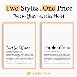 May include: Two printable art prints with the definition of "parole officer" in two different styles. The first print has the word "Parole Officer" in a larger, more stylized font. The second print has the word "parole officer" in a smaller, more traditional font. Both prints include the phonetic pronunciation of the word and a definition of the role.