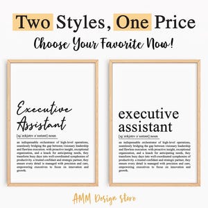 Könnte beinhalten: Zwei druckbare Kunstdrucke mit unterschiedlichen Typografie-Stilen der Definition von "Executive Assistant". Die Definition ist in schwarzem Text auf weißem Hintergrund. Die Drucke sind in einem hellen Holzrahmen gerahmt.