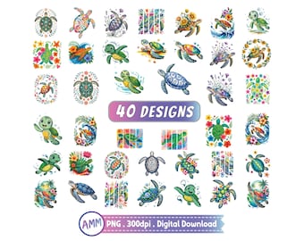 Floral Sea Turtle PNG Bundle, 40 designs, Boho Floral Sea Turtle, Watercolor Turtle Png, Beach Png, Tropical Summer Designs