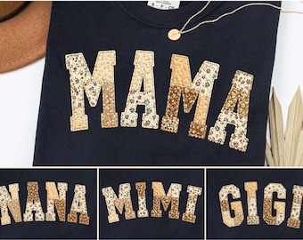 Patchwork Floral Mama PNG-bundel, imitatiegeborduurd moedershirt, Grandma Core png, Cottagecore Varsity Mom, neutrale bloemenboho, 4 ontwerpen png