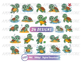 Cute Baby Sea Turtle PNG Bundle, Baby Turtle Png, 24 Cartoon Ocean Animal Clipart for Kids, Summer Nursery Design png, Digital Download