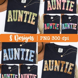 May include: A collection of navy blue t-shirts featuring the word "AUNTIE" in various floral and patterned designs. The image showcases eight different designs, with the text "8 Designs | PNG 300 dpi" in an orange banner. Each shirt has a gold necklace.