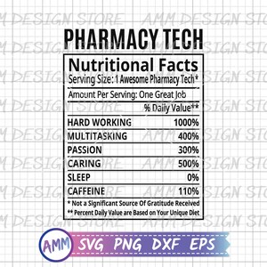 Puede incluir: Un gr&aacute;fico blanco con el texto "PHARMACY TECH" en la parte superior. Debajo, una etiqueta de "Nutritional Facts" enumera los valores diarios de trabajo duro, multitarea, pasi&oacute;n, cuidado, sue&ntilde;o y cafe&iacute;na. La parte inferior incluye iconos de tipo de archivo SVG, PNG, DXF y EPS.