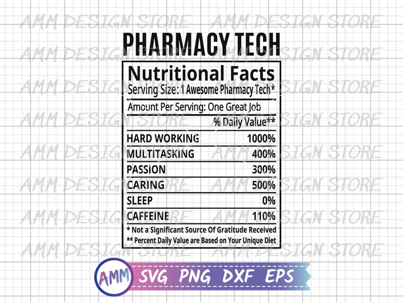 Puede incluir: Un gr&aacute;fico blanco con el texto "PHARMACY TECH" en la parte superior. Debajo, una etiqueta de "Nutritional Facts" enumera los valores diarios de trabajo duro, multitarea, pasi&oacute;n, cuidado, sue&ntilde;o y cafe&iacute;na. La parte inferior incluye iconos de tipo de archivo SVG, PNG, DXF y EPS.