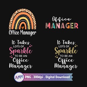 Pode incluir: Quatro designs digitais que apresentam um arco-&iacute;ris com um padr&atilde;o de estampa de leopardo e o texto "Office Manager". O texto "&Eacute; preciso muito brilho para ser um gerente de escrit&oacute;rio" tamb&eacute;m est&aacute; inclu&iacute;do em dois dos designs.