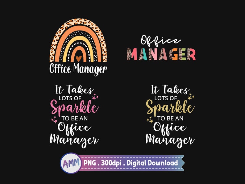 Pode incluir: Quatro designs digitais que apresentam um arco-&iacute;ris com um padr&atilde;o de estampa de leopardo e o texto "Office Manager". O texto "&Eacute; preciso muito brilho para ser um gerente de escrit&oacute;rio" tamb&eacute;m est&aacute; inclu&iacute;do em dois dos designs.