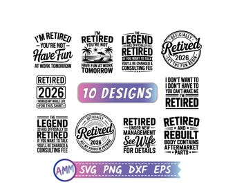 Pensioen SVG-bundel, 2026, grappige gepensioneerde citaten voor shirts en mokken, Cricut Silhouette Crafts, digitale download