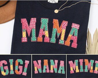 Patchwork Floral Mama PNG-bundel, Grandma Core png, namaakgeborduurd moedershirt, Cottagecore Varsity Mom, Retro patchwork, 4 ontwerpen png