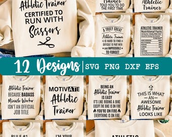 Atletische trainer SVG, bundel svg, AT svg, shirt svg, 12 ontwerpen, atletische trainer png, waardering svg, eps, dxf, png
