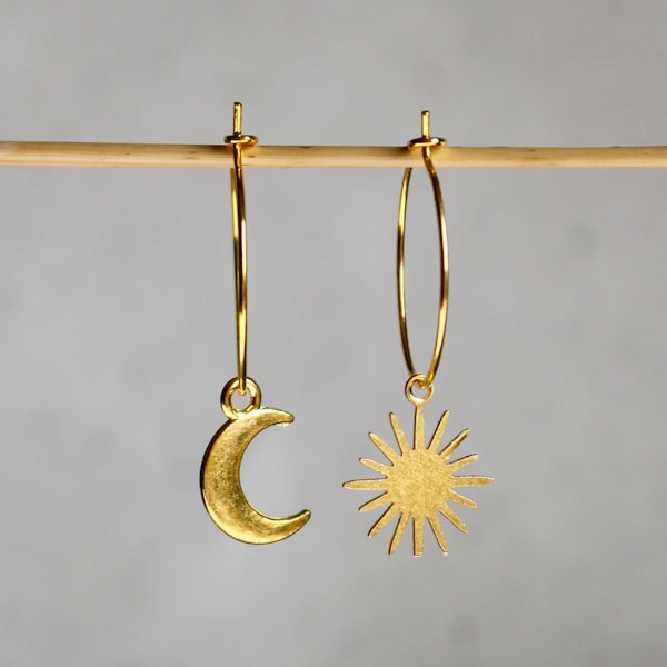 Sonne Mond Ohrringe Gold Creolen Sonne Gold Ohrringe, Geschenk für sie, Sonne Mond Creolen gold