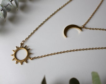 Sonne Mond Kette Gold, boho Halskette Sonne Gold Mond, Schmuck Sonne Mond Gold Kette Sonne Geschenk für sie, Mond Schmuck Gold