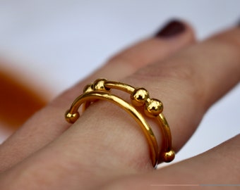 Anxiety Ring gold Perlen Antistress Ring mit beweglichen Kügelchen, ADHS Fummelring Angst Ring Spinner verstellbarer Angstring, Fidget Ring