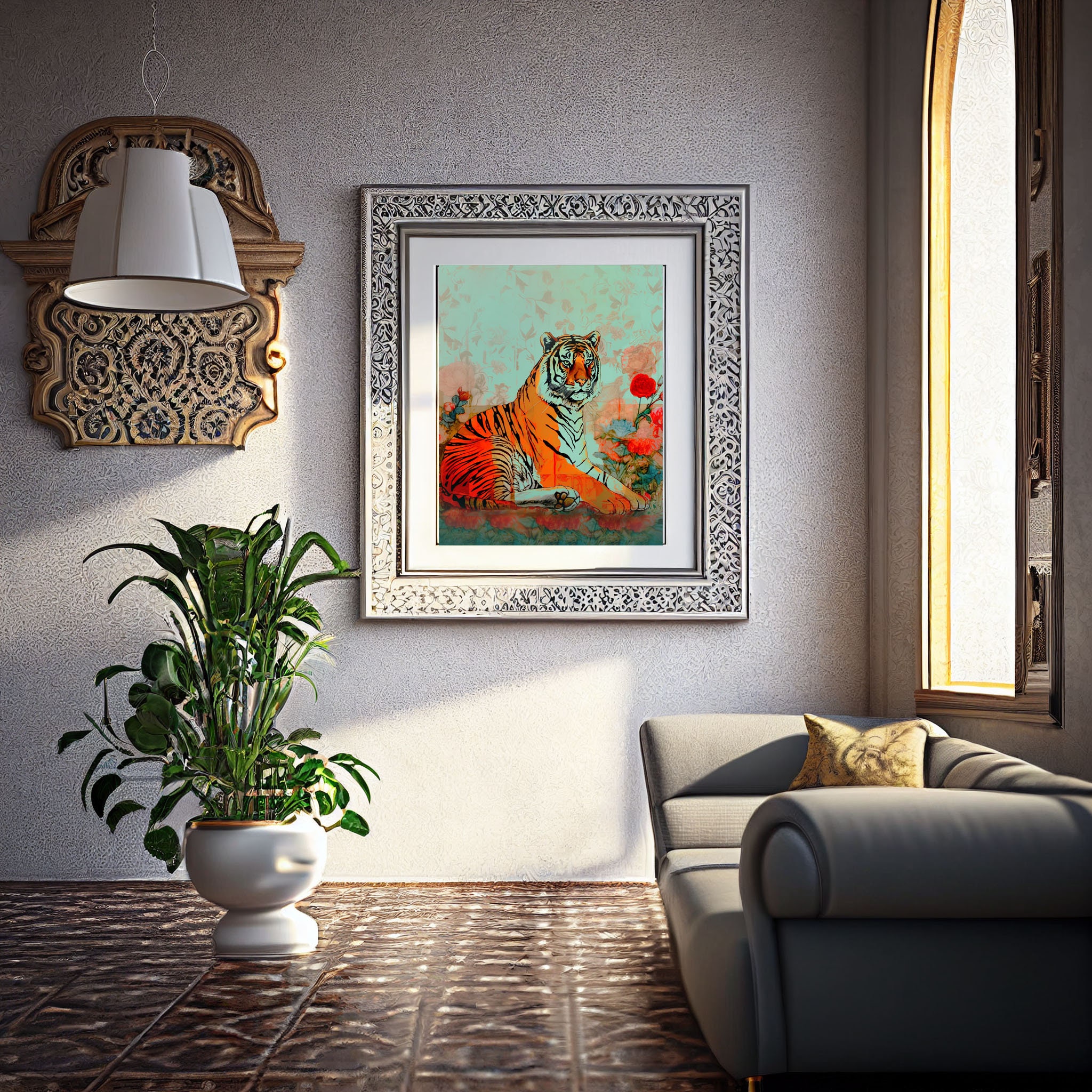 Printable Bohemian Tiger Digital Poster, Downloadable Wall Art of Reclined Tiger, Floral