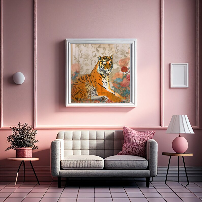 Printable Bohemian Tiger Digital Poster, Downloadable Wall Art of Reclined Tiger, Floral