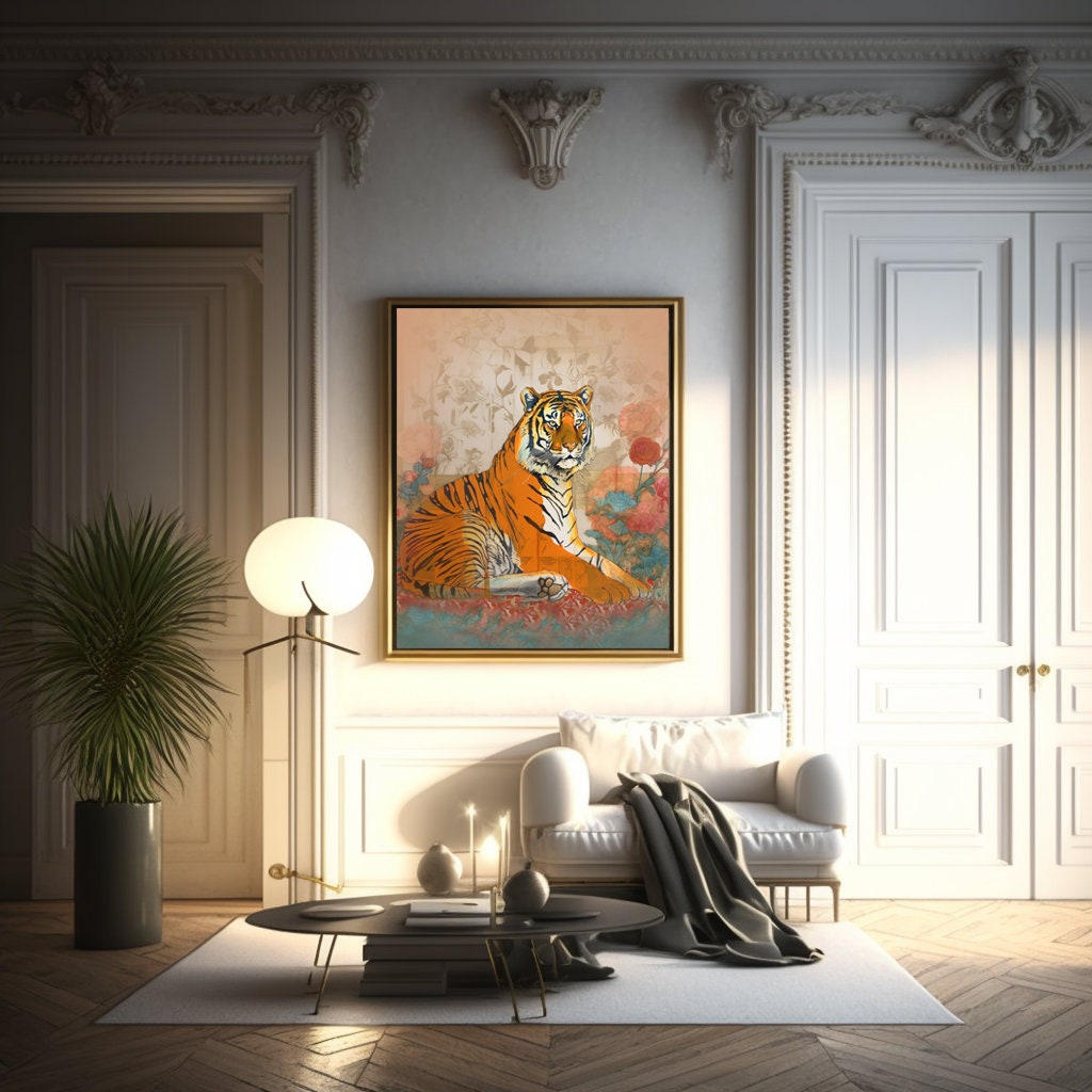 Printable Bohemian Tiger Digital Poster, Downloadable Wall Art of Reclined Tiger, Floral