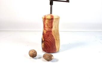 Könnte beinhalten: Eine Muskatmühle aus Holz mit dunkler Metallkurbel und Griff. Die Mühle besteht aus hellem und rotbraunem Holz. Zwei Muskatnüsse liegen neben der Mühle. Die Mühle ist etwa 15 cm hoch.