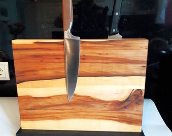 Premium magnetic knife block made of serviceberry wood with granite base,