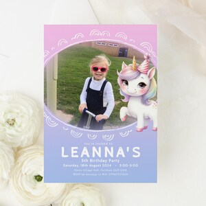 Unicorn 5th Photo Birthday Invitation, Unicorn Invite for Girls, Unicorn Party, Editable Unicorns Bday, Girl 3rd 4th 5th Templett 5x7