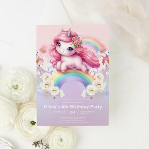 Unicorn 4th Birthday Invitation, Unicorn Invite for Girls, Rainbow Unicorn Party, Editable Unicorns Bday, Girl 3rd 5th 6th Templett 5x7