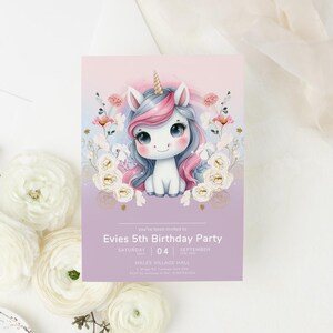 Unicorn 5th Birthday Invitation, Unicorn Invite for Girls, Rainbow Unicorn Party, Editable Unicorns Bday, Girl 3rd 4th 6th Templett 5x7