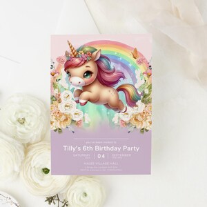 Unicorn 6th Birthday Invitation, Unicorn Invite for Girls, Rainbow Unicorn Party, Editable Unicorns Bday, Girl 3rd 4th 5th Templett 5x7
