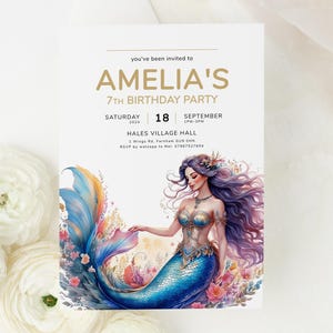 Mermaid 7th Birthday Invitation, Mermaid Invite for Girls, Rainbow Mermaid Party, Editable Mermaid Bday, Girl 5th 6th 8th 9th Templett 5x7