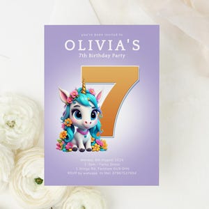 Purple 7th Unicorn Birthday Party Invitation, Invite for 7th birthday Girls, Unicorn Party, Editable Unicorns Bday, Girl Templett 5x7