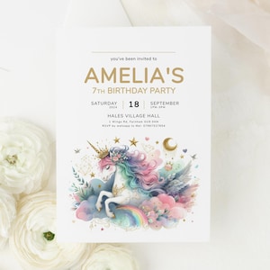 Unicorn 7th Birthday Invitation, Unicorn Invite for Girls, Rainbow Unicorn Party, Editable Unicorns Bday, Girl 5th 6th 8th 9th Templett 5x7