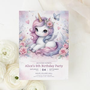 Pastel Unicorn 6th Birthday Invitation, Unicorn Invite for Girls, Unicorn Party, Editable Unicorns Bday, Girl 3rd 4th 5th Templett 5x7