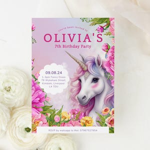 7th Unicorn Invitation Birthday Party, Invite for 7th birthday Girls, Unicorn Party, Editable Unicorns Bday, Girl Templett 5x7