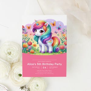 Unicorn 5th Birthday Invitation, Unicorn Invite for Girls, Rainbow Unicorn Party, Editable Unicorns Bday, Girl 3rd 4th 6th Templett 5x7