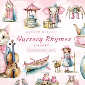Watercolour Nursery Rhyme Clipart - mother goose clipart - 23 transparent png & Jpg files Storybook Clipart, Digital Download Instant Access