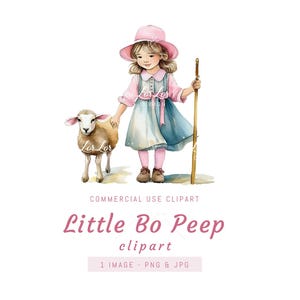 Kinderreim Bo Peep Clipart - Aquarell Clipart - 1 transparente Png- und Jpg-Datei von Bo Peep, digitaler Download, sofortiger Zugriff auf Schaf