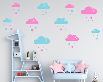 Clouds and Stars Decals, Nursery Wall Sticker, Pastel Wall Decal, Star Sticker, Clouds Wall Stickers Mixed size Stars, Star wall decal