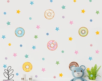 Donut Wandtattoa und Candy Star Aufkleber, Regenbogen Donut Wandsticker, Kinderzimmer Wandsticker für Mädchen